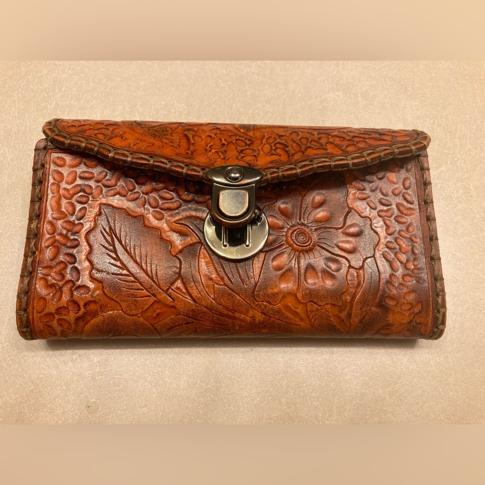 Leather handmade floral embossed wallet from turkey GUC